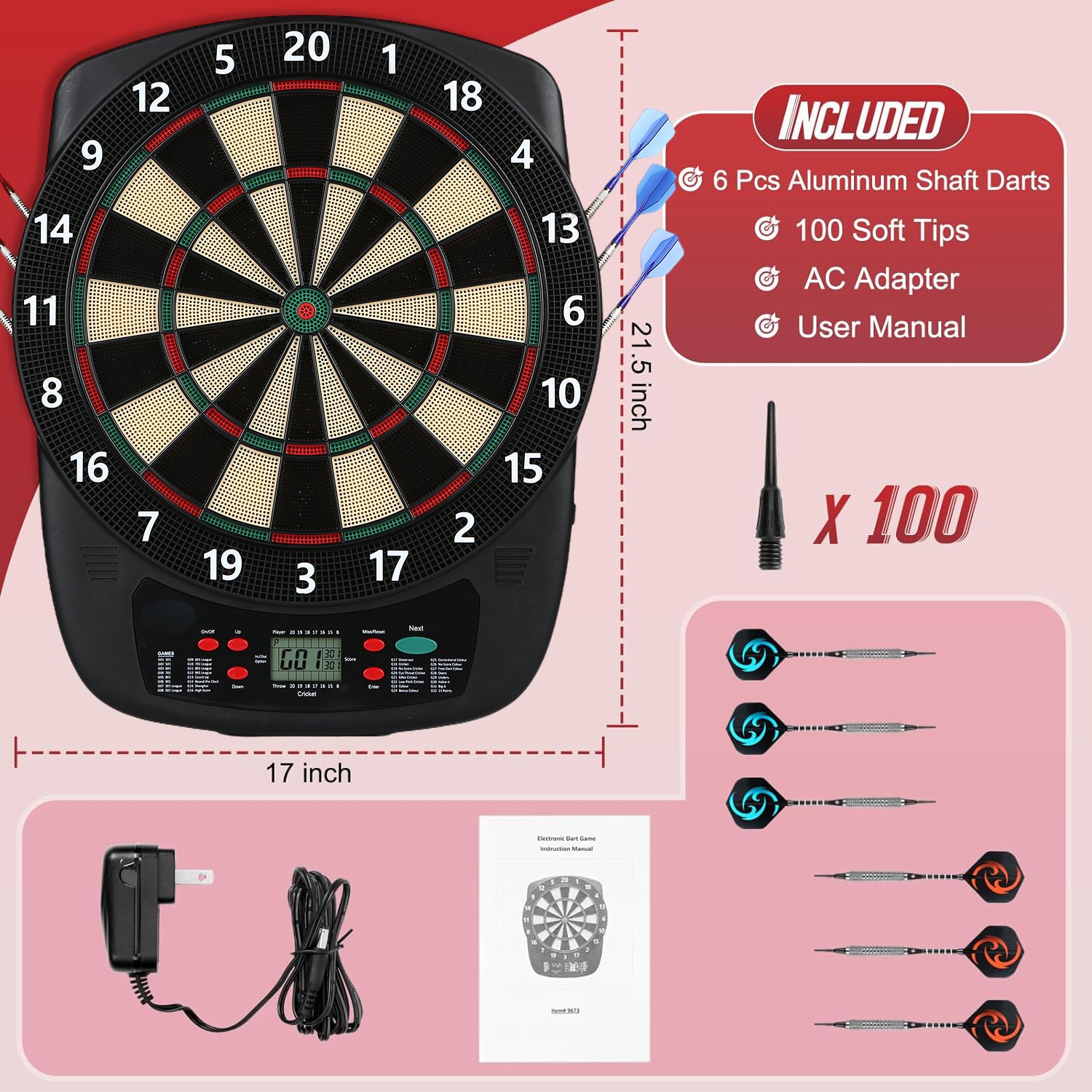 Soft Tip Electronic Dart Board, Dartboard Set 40 Games, 427 Variants Digital Electric Dart Boards with Colorful LED, 6 Darts, 100 Tips, Power Adapter